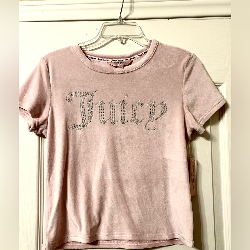 NEW NWT Juicy Couture Pink Velour Medium stretch top blouse shirt studded